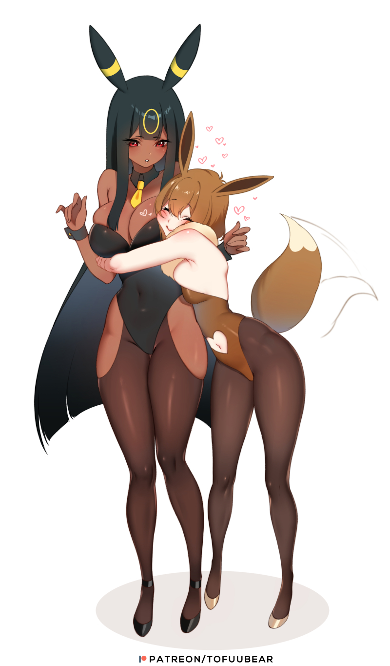 &lt;3 2020 5_fingers alternate_species black_hair breasts brown_hair cleavage clothed clothing dipstick_tail duo eevee eeveelution eyes_closed female fingers hair hi_res hug humanoid humanoidized long_hair multicolored_tail navel nintendo pok&eacute;mon pok&eacute;mon_(species) pok&eacute;mon_humanoid pok&eacute;morph red_eyes short_hair simple_background tailwag text tofuubear umbreon video_games white_background