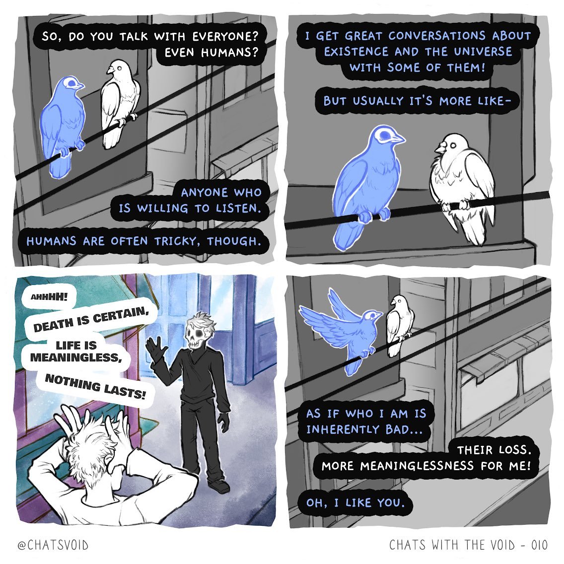 1:1 ambiguous_gender avian bird blue_body bone clothed clothing comic dialogue english_text feathered_wings feathers feral human male mammal outside skull skullbird spirit text wings