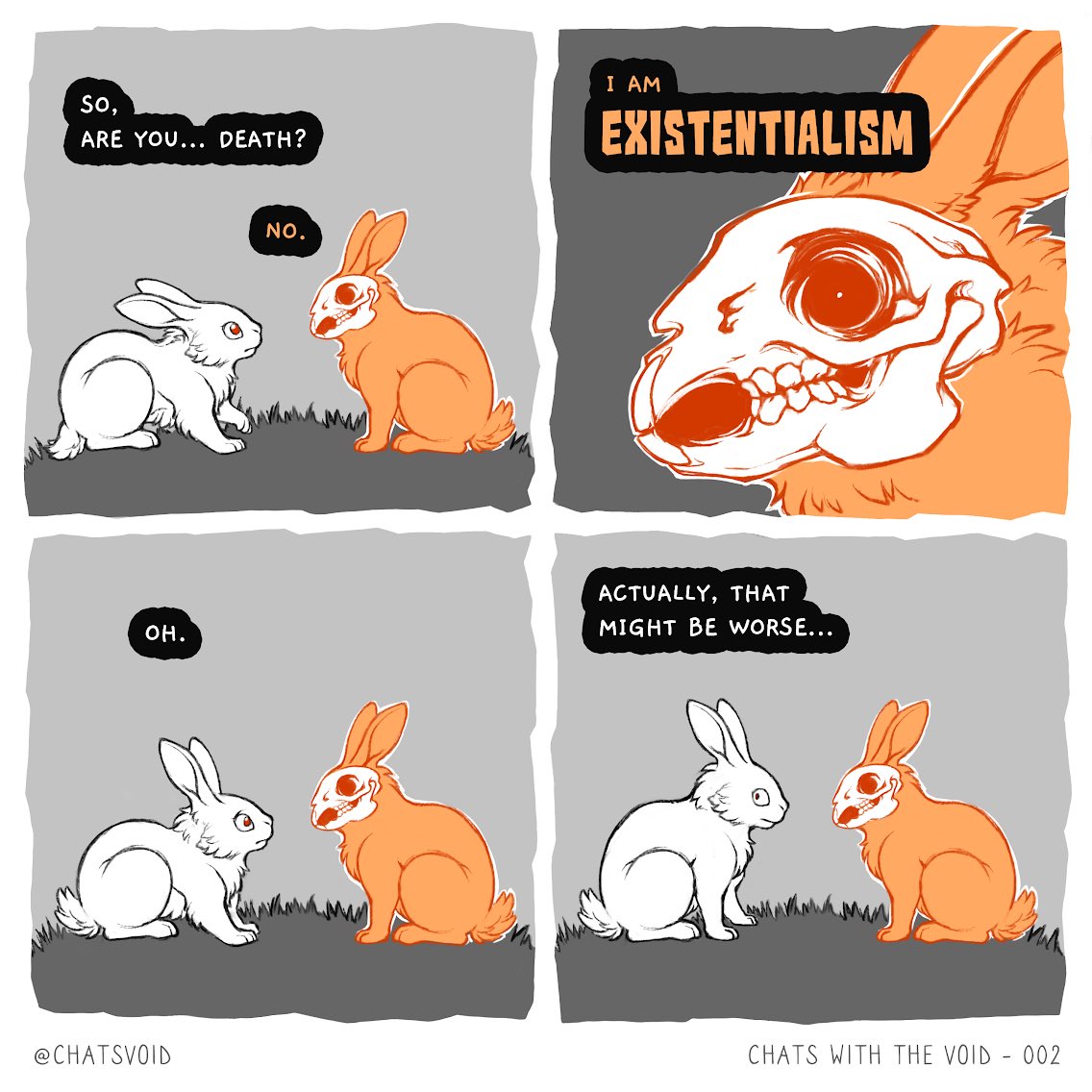 1:1 ambiguous_gender bone comic dialogue duo english_text feral fur lagomorph leporid mammal orange_body orange_fur rabbit skull skullbird spirit text