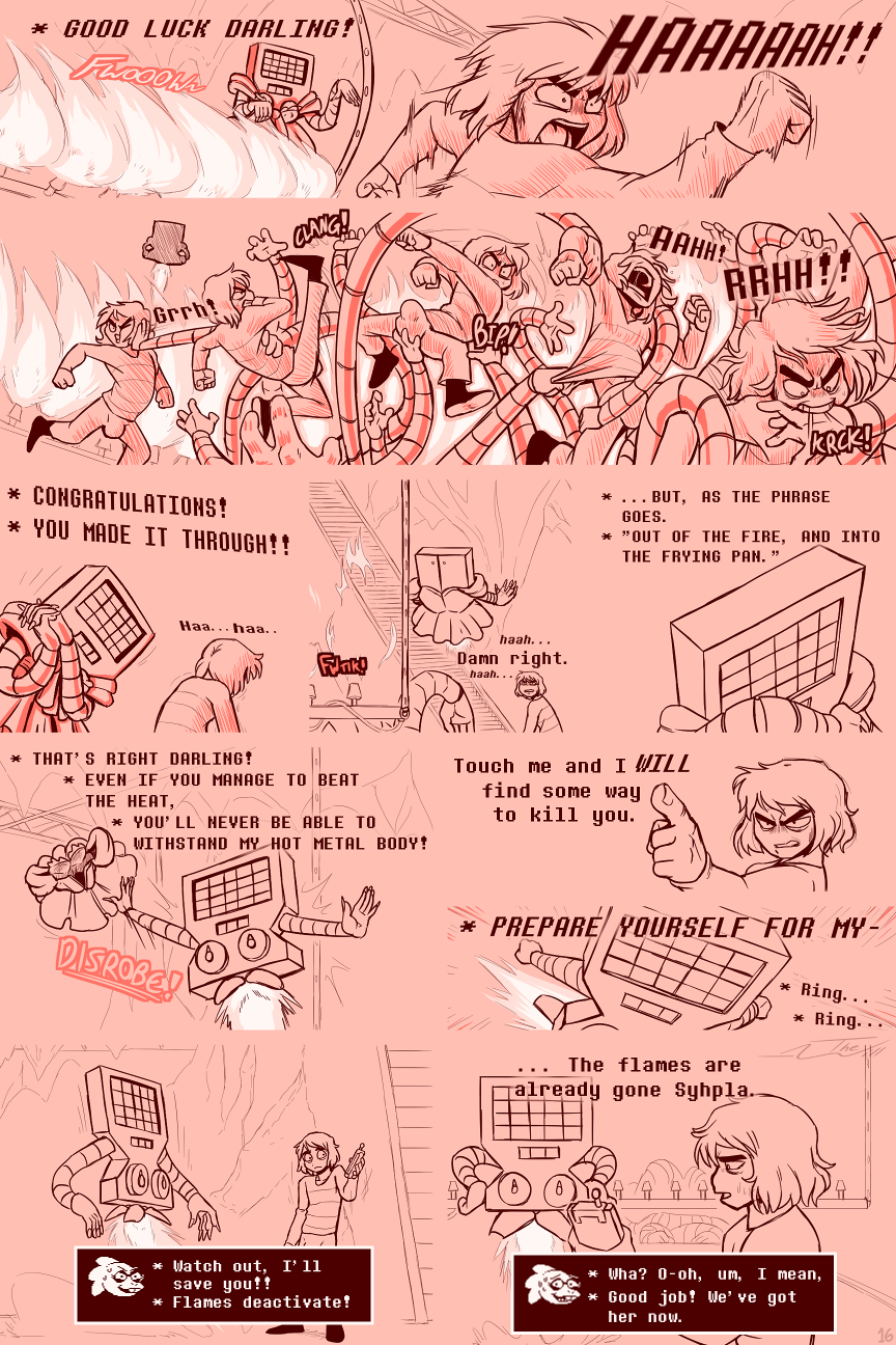 2:3 alternate_universe bite bulge clothing clothing_pull comic english_text female fire grabbing grope hi_res human machine male mammal mettaton protagonist_(undertale) robot running text thewill under(her)tail undertale undressing video_games yelling