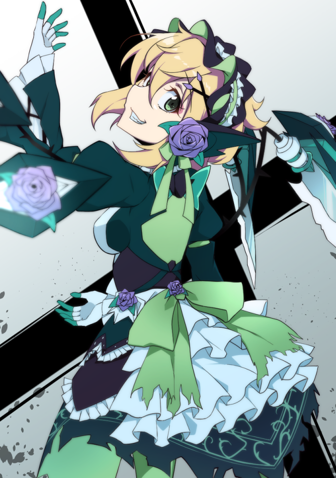 1girl akatsuki_kirika ankh_(ankh_05) blonde_hair eyeshadow flower frilled_skirt frilled_sleeves frills from_behind gloves green_eyes grin hair_ornament looking_at_viewer looking_back maid_headdress makeup parted_lips purple_flower purple_rose rose senki_zesshou_symphogear senki_zesshou_symphogear_xd_unlimited shiny shiny_hair short_hair skirt smile solo standing teeth x_hair_ornament