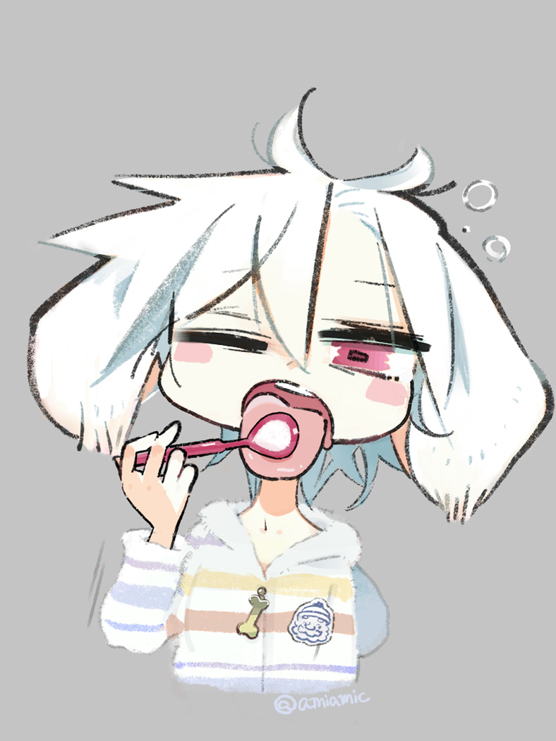 1girl ahoge amiami blush blush_stickers drooling grey_background hair_between_eyes licking medium_hair one_eye_closed open_mouth original pink_eyes simple_background solo teeth tongue tongue_out twitter_username upper_body upper_teeth white_hair