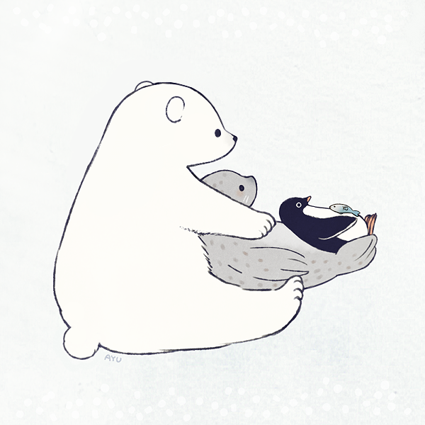 ayu_(mog) bear bird fishing from_side no_humans original penguin polar_bear seal signature sitting white_background