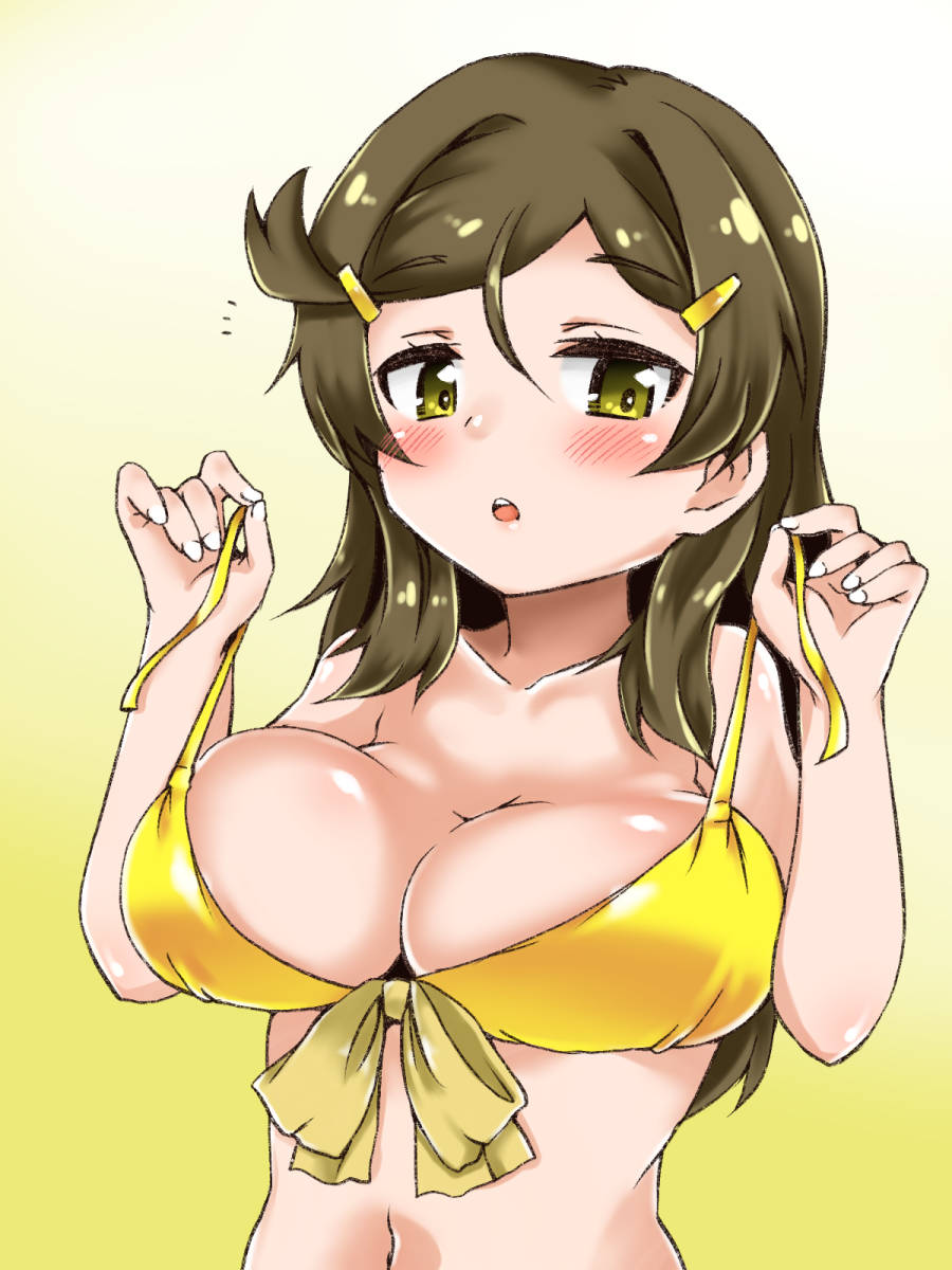 1girl amakawa_ginga bikini breasts brown_hair cleavage collarbone commentary_request embarrassed gradient gradient_background hair_ornament hairclip highres large_breasts long_hair looking_at_viewer shinomiya_himawari solo swimsuit upper_body vividred_operation white_background yellow_background yellow_bikini yellow_eyes