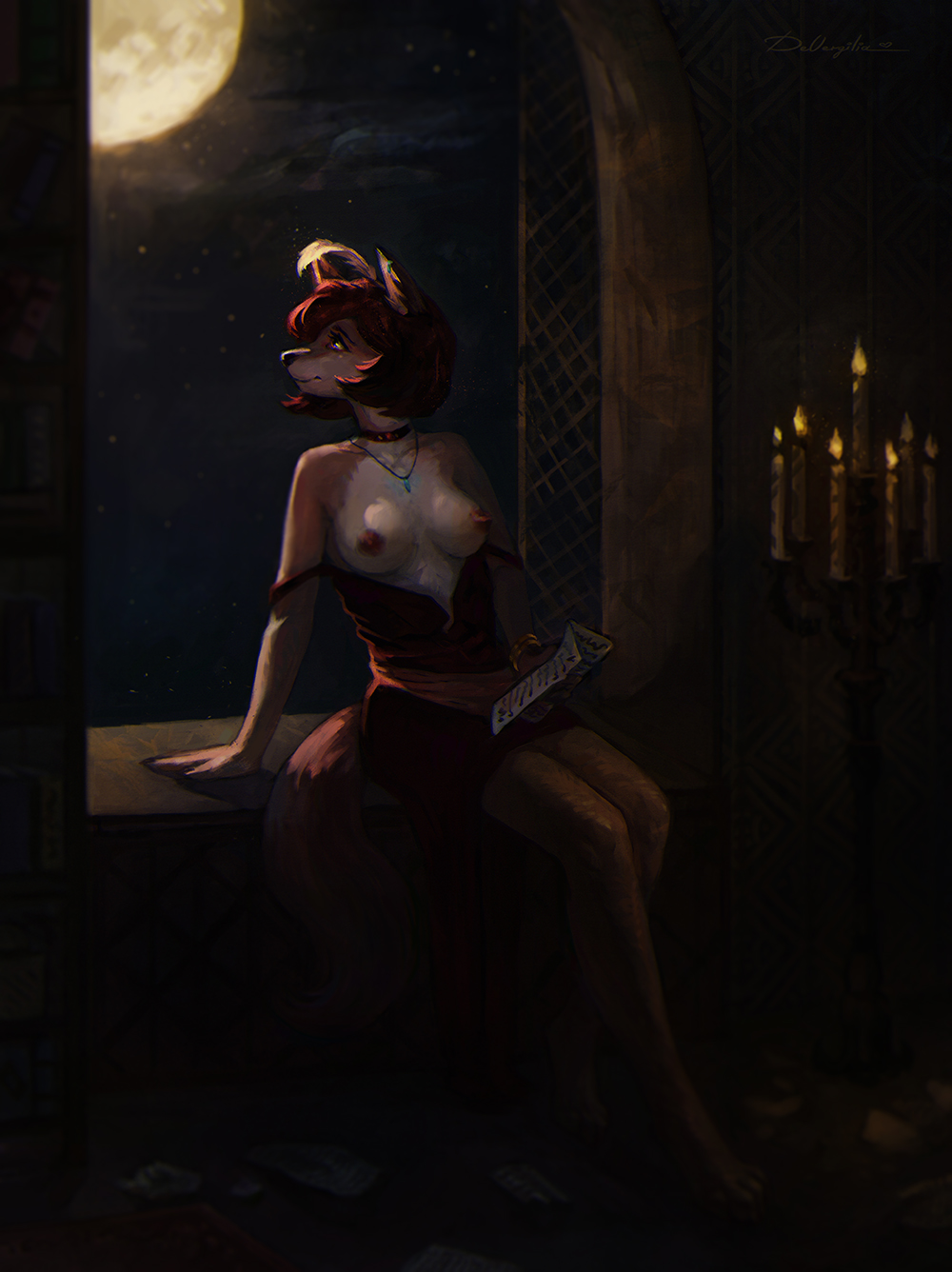 2020 amulet anthro breasts candle canid canine canis changeling_tale choker clothing cloud devergilia dress female hair hi_res jessie_(changeling_tale) jewelry loose_feather mammal moon necklace night nipples red_hair sitting solo window wolf