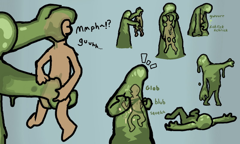 absorption_vore ambiguous_gender anonymousanosmiac asphyxiation caucasian duo forced forced_transformation goo_creature goo_transformation green_body grey_background holding_crotch holding_face human humanoid male male/ambiguous mammal not_furry nude simple_background sound_effects symbiote transformation vore