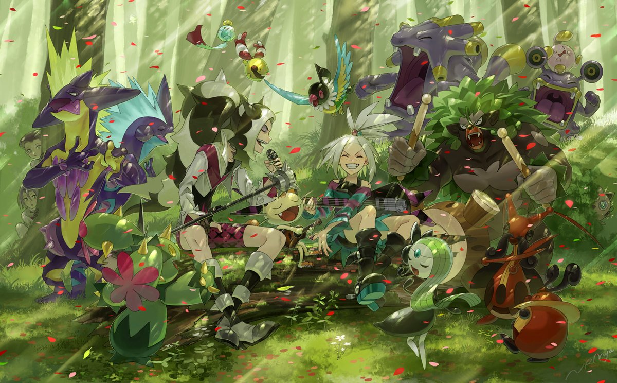 chatot chingling exploud forest grass homika_(pokemon) jigglypuff kojirou_(pokemon) kricketune light_particles light_rays log loudred maractus meloetta meowth musashi_(pokemon) music narumiya_(040miya) nature nezu_(pokemon) party petals pokemon pokemon_(game) rillaboom singing toxtricity whismur