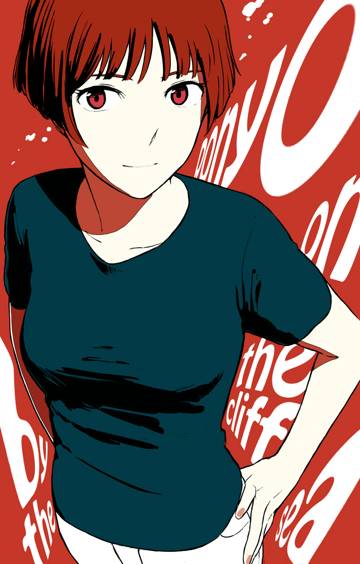 1girl bob_cut breasts closed_mouth gake_no_ue_no_ponyo graphite_(medium) jas lisa_(ponyo) looking_at_viewer shirt short_hair simple_background solo traditional_media white_background