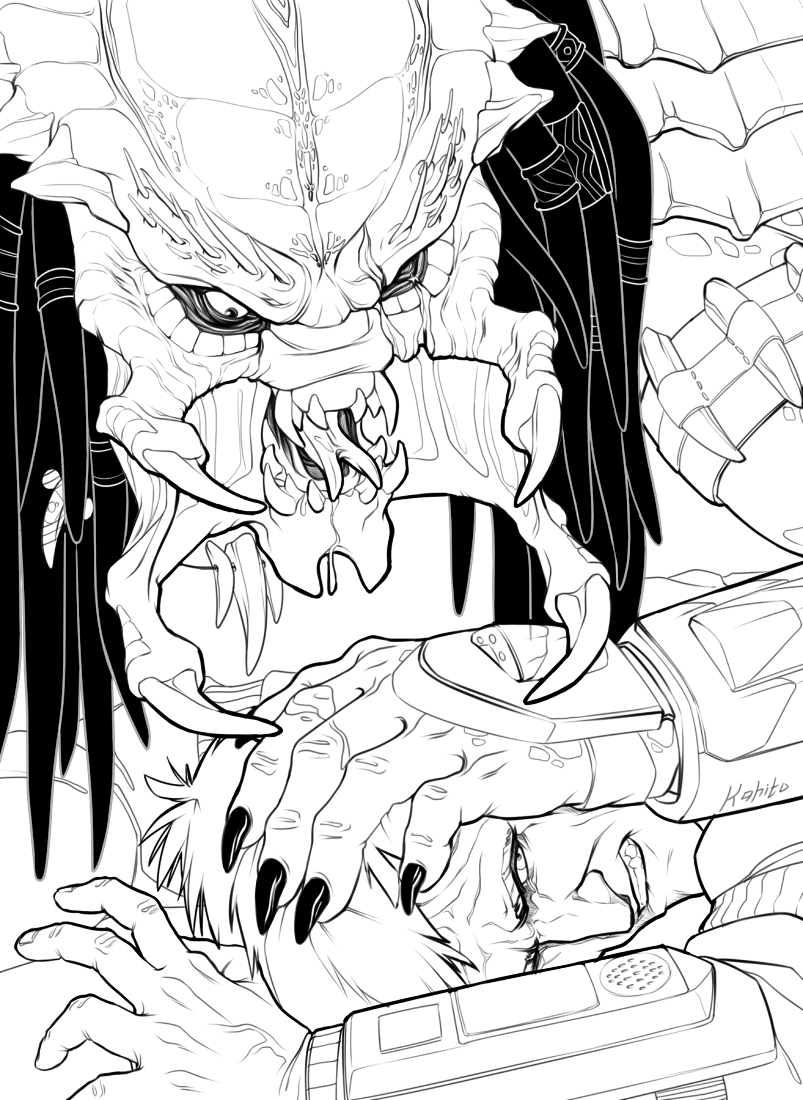 5_fingers alien armor black_and_white clothed clothing digital_media_(artwork) duo fingers forked_tongue hair human kahito-slydeft male mammal monochrome open_mouth predator_(franchise) scales simple_background teeth tongue tongue_out vein white_background yautja
