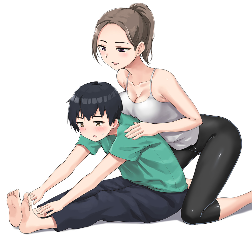 1boy 1girl :o age_difference bare_shoulders barefoot black_hair black_legwear black_pants blush breast_press breasts breasts_on_back brown_hair camisole cleavage collarbone crotch_seam exercise green_shirt hands_on_another's_shoulders hashi leggings long_hair looking_at_another medium_breasts original pants ponytail purple_eyes shirt smile stretch sweat t-shirt yellow_eyes