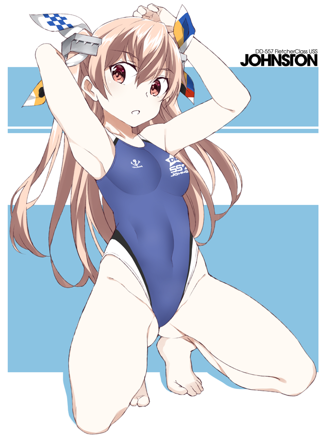 1girl :o alternate_costume anchor_print armpits arms_behind_head arms_up ass bangs bare_arms bare_legs bare_shoulders barefoot blue_swimsuit blush breasts brown_eyes character_name commentary_request competition_swimsuit covered_navel eyebrows_visible_through_hair groin hair_ribbon headgear highleg highleg_swimsuit johnston_(kantai_collection) kantai_collection light_brown_hair long_hair looking_at_viewer medium_breasts navel one-piece_swimsuit open_mouth ribbon simple_background solo souji spread_legs squatting swimsuit two-tone_background two_side_up white_background