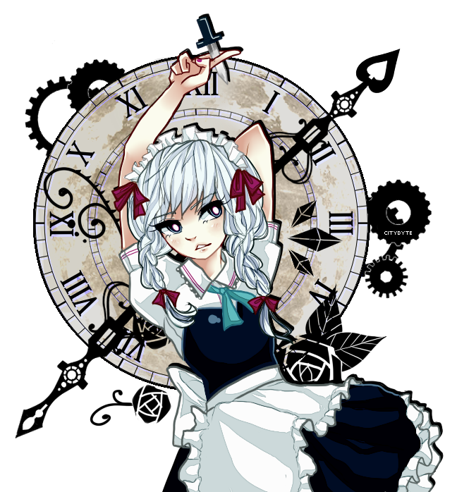 apron arms_up ashleyloob bow braid clock clock_hands dagger flower frilled_apron frilled_skirt frills gears hair_ribbon holding holding_dagger holding_weapon izayoi_sakuya knife maid maid_apron maid_dress maid_headdress puffy_short_sleeves puffy_sleeves ribbon roman_numerals rose short_sleeves silver_hair skirt touhou twin_braids weapon white_hair