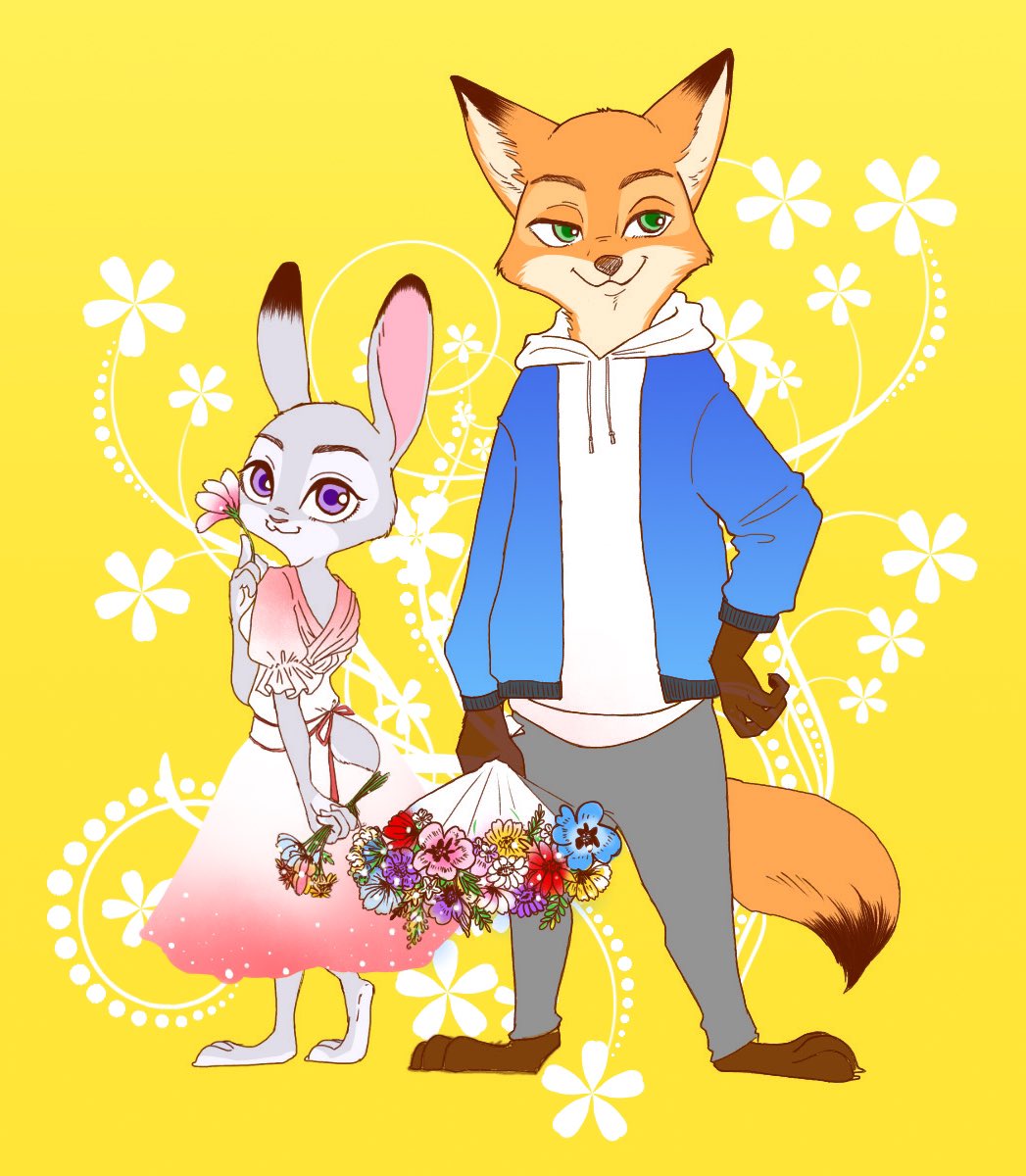 anthro barefoot canid canine clothed clothing color_edit colored disney dogear218 dress duo edit flower fox fully_clothed fur green_eyes grey_body grey_fur halu3xyz hi_res holding_flower holding_object hoodie judy_hopps lagomorph leporid mammal nick_wilde orange_body orange_fur plant purple_eyes rabbit red_fox simple_background smile standing topwear yellow_background zootopia
