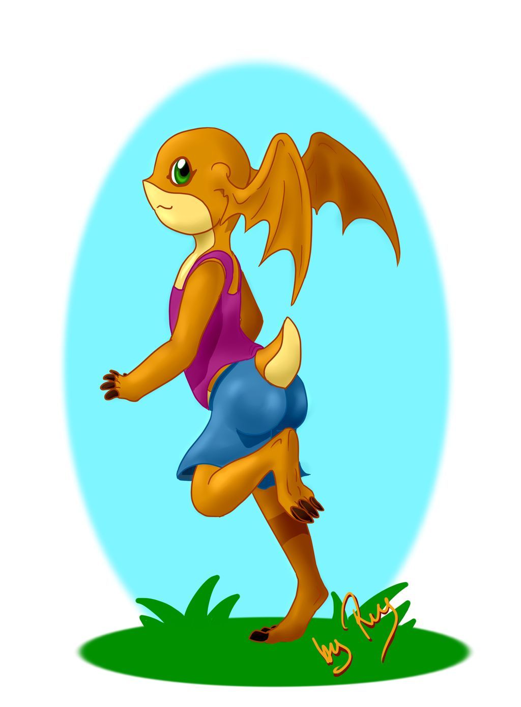 3_toes 5_fingers anthro bat_wings clothing digimon digimon_(species) digital_media_(artwork) female fingers flat_chested grass green_eyes happy head_wings hi_res looking_back mammal membrane_(anatomy) membranous_wings orange_body patamon reycovert small_tail smile solo standing toes wings