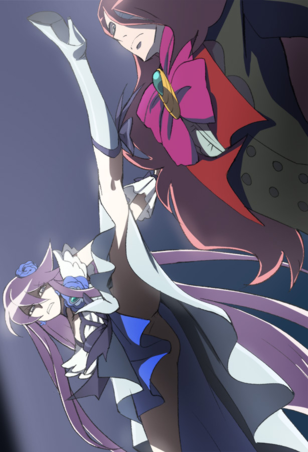 1boy 1girl baron_salamander blue_eyes blue_flower blue_rose boots cure_moonlight flower hair_flower hair_ornament haruyama_kazunori heartcatch_precure! kicking leg_up long_hair magical_girl no_panties precure purple_hair red_hair rose standing standing_on_one_leg tsukikage_yuri white_footwear