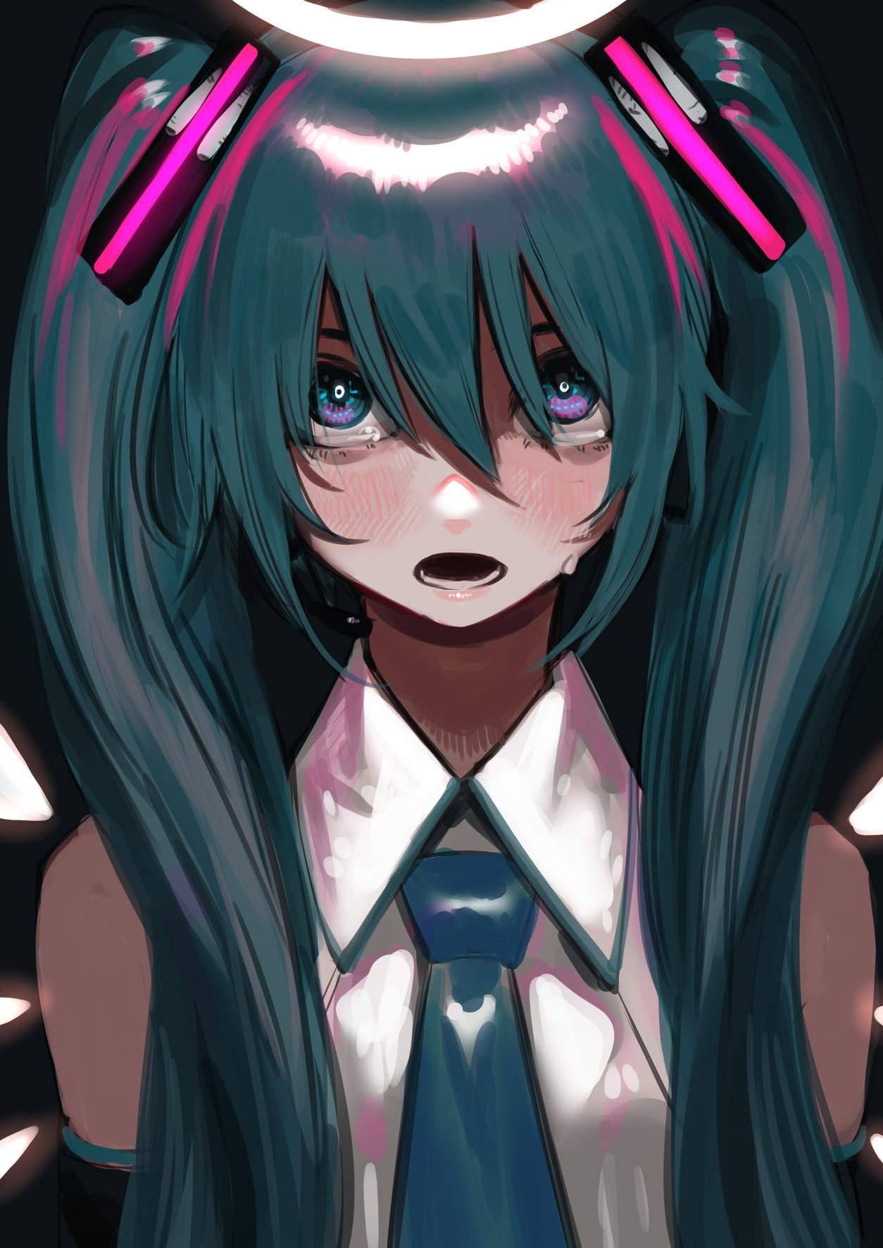 1girl aqua_eyes aqua_hair aqua_neckwear arms_at_sides bangs bare_shoulders black_background blush bukimi_isan collared_shirt commentary crying crying_with_eyes_open detached_sleeves detached_wings electric_angel_(vocaloid) hair_over_eyes halo hatsune_miku headset highres lips long_hair multicolored multicolored_eyes necktie open_mouth shirt sidelocks sleeveless sleeveless_shirt solo tears teeth twintails upper_body very_long_hair vocaloid white_shirt white_wings wings