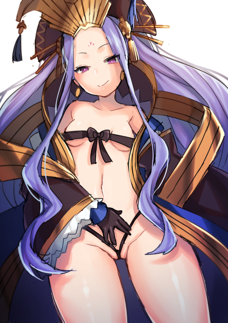 1girl anoshabu bangs bare_shoulders black_gloves black_ribbon blush bow bow_bra bra breasts chinese_clothes crown earrings facial_mark fate/grand_order fate_(series) forehead forehead_mark gloves hanfu jewelry long_hair long_sleeves looking_at_viewer navel parted_bangs purple_eyes purple_hair revealing_clothes ribbon ribbon_bra shawl simple_background small_breasts smile solo string_panties tassel thighs underwear very_long_hair white_background wide_sleeves wu_zetian_(fate/grand_order)