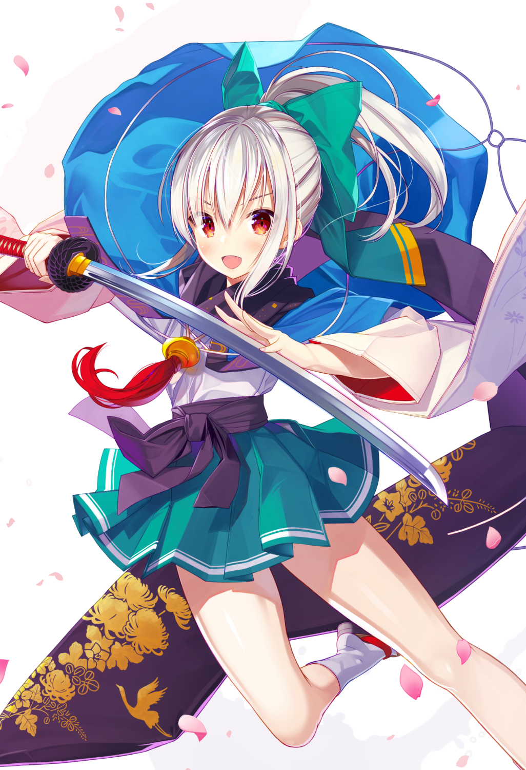 :d atori bangs bare_legs bow eyebrows_visible_through_hair hair_between_eyes hair_bow highres katana looking_at_viewer open_mouth ponytail red_eyes smile sword weapon