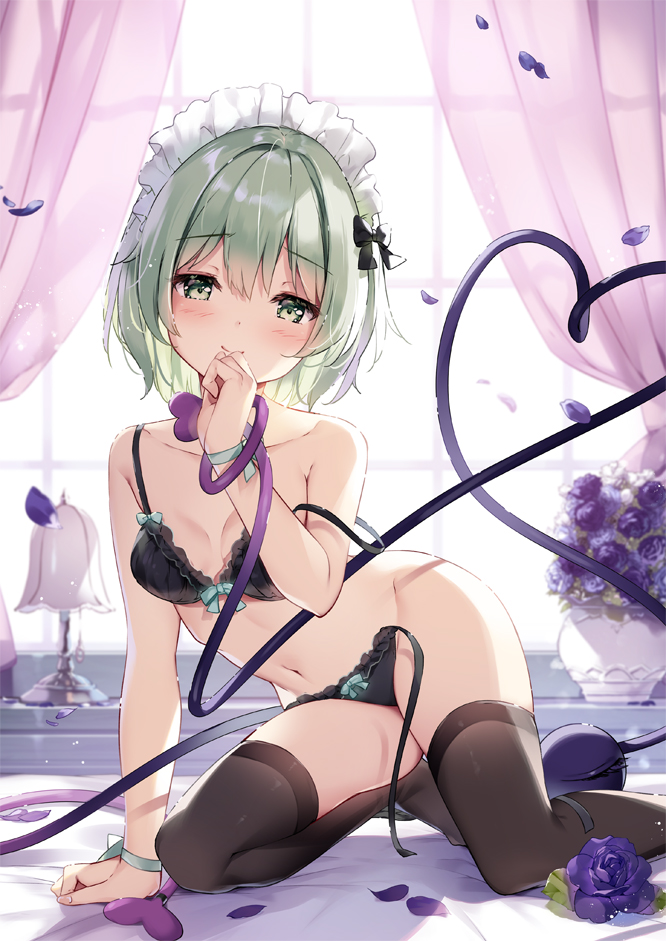 1girl aqua_ribbon arm_support bangs bare_arms bare_shoulders black_bra black_legwear black_panties blush bow bowtie bra breasts commentary curtains dress eyebrows_visible_through_hair flower frills green_eyes green_hair hair_between_eyes hand_up head_tilt heart heart_of_string indoors kneeling komeiji_koishi lamp looking_at_viewer maid_headdress medium_breasts miyase_mahiro navel panties petals purple_flower purple_rose ribbon rose rose_petals short_hair side-tie_panties smile solo stomach thighhighs thighs touhou underwear underwear_only untied untied_panties window wrist_ribbon