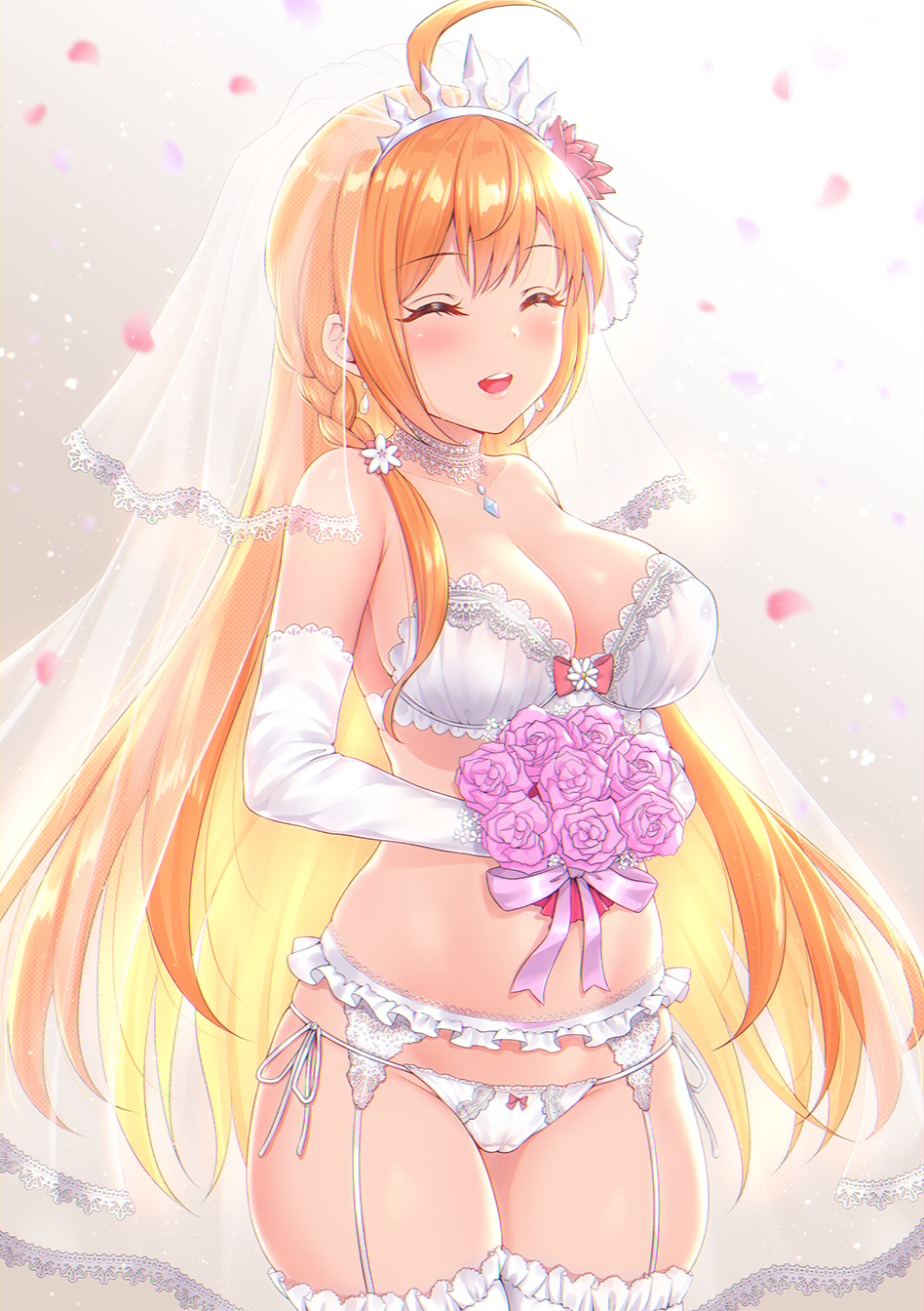1girl :d ^_^ ahoge ayase-mio bangs blush bouquet bra braid breasts bridal_veil bride cameltoe choker closed_eyes commentary_request cowboy_shot earrings elbow_gloves eyebrows_visible_through_hair flower frills garter_belt gloves hair_flower hair_ornament highres holding holding_bouquet jewelry large_breasts long_hair open_mouth orange_hair panties pecorine petals pink_flower pink_rose princess_connect! princess_connect!_re:dive ribbon rose see-through side-tie_panties side_braid smile solo straight_hair strapless strapless_bra thighhighs thighs tiara underwear underwear_only veil very_long_hair white_bra white_choker white_gloves white_legwear white_panties white_ribbon