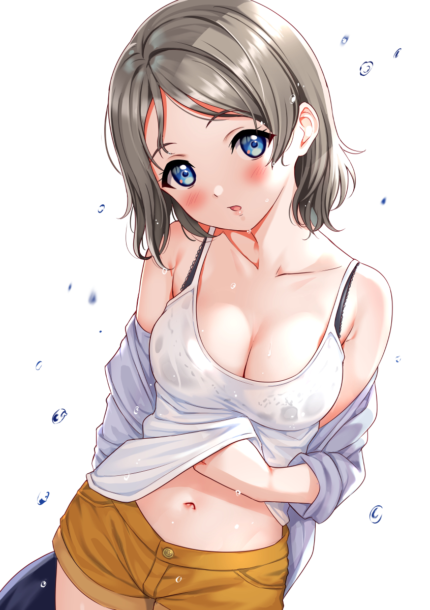 1girl :o bare_shoulders black_bra blue_eyes blush bra breasts brown_hair camisole camisole_lift casual cleavage collarbone commentary_request grey_jacket head_tilt highres jacket lifted_by_self long_sleeves looking_at_viewer love_live! love_live!_sunshine!! medium_breasts navel off_shoulder open_clothes open_jacket open_mouth orange_shorts rozen5 see-through short_hair short_shorts shorts simple_background solo stomach underwear watanabe_you water_drop wet wet_clothes white_background
