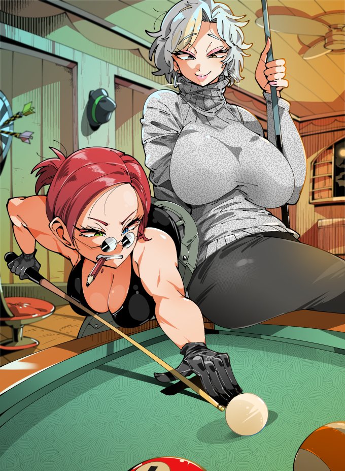 ball bangs bare_shoulders bent_over billiards black_gloves black_pants black_tank_top blue_eyes breasts ceiling_fan clenched_teeth closed_mouth commentary cue_ball cue_stick dartboard darts earrings english_commentary eyebrows_visible_through_hair glasses gloves green_eyes grey_eyes grey_sweater heterochromia holding_cue_stick indoors jewelry kafun large_breasts low_tied_hair original pants parted_bangs pencil pool_table red_hair short_hair silver_hair sitting smile sweater tank_top teeth turtleneck turtleneck_sweater wooden_wall