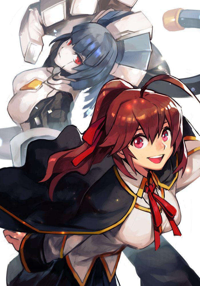 2girls :d ahoge black_cape black_skirt blazblue blazblue_phase_0 breasts brown_hair cape celica_a_mercury closed_mouth collared_shirt hair_ribbon hankuri large_breasts long_sleeves looking_at_viewer minerva_(blazblue) multiple_girls neck_ribbon open_mouth pleated_skirt ponytail red_eyes red_neckwear red_ribbon ribbon robot shirt simple_background skirt smile upper_teeth white_background white_shirt