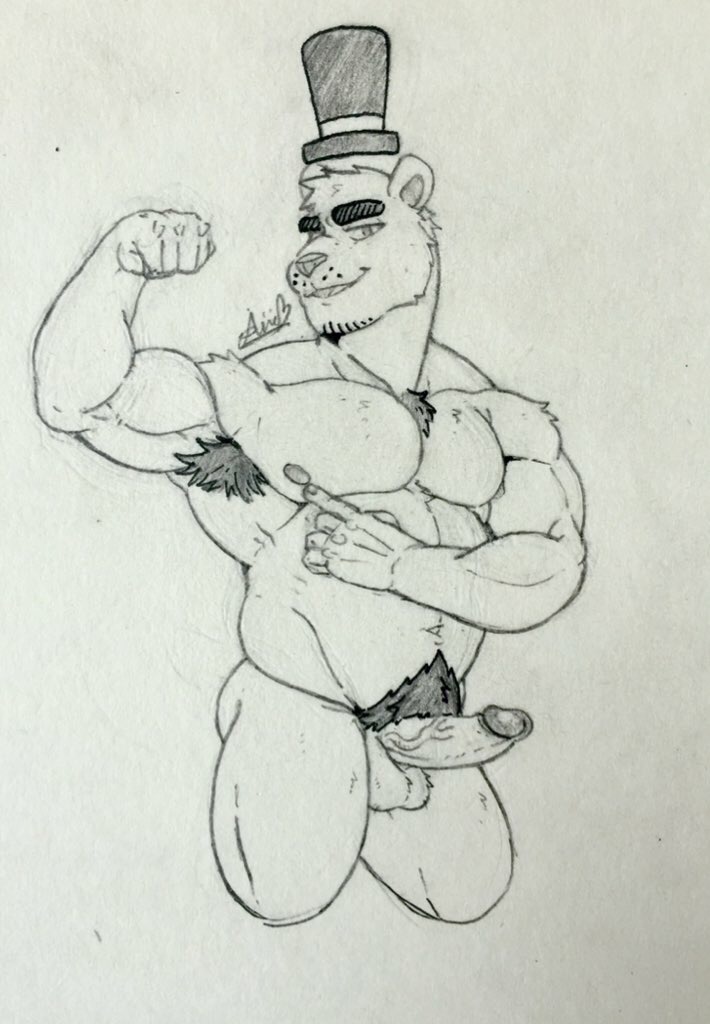 akiidiamondheart_(artist) animatronic anthro armpit_hair body_hair chest_hair clothing five_nights_at_freddy's flexing flexing_arms freddy_(fnaf) genitals hat headgear headwear humanoid_genitalia humanoid_penis machine male mammal muscular muscular_male nipples penis robot slightly_chubby solo top_hat traditional_media_(artwork) ursid video_games