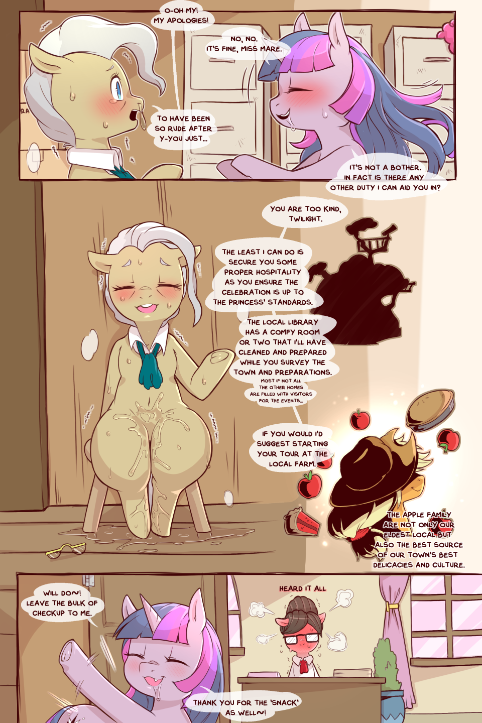 2:3 after_sex age_difference applejack_(mlp) blush bodily_fluids cold-blooded-twilight comic dialogue drooling english_text equid eyewear female female/female friendship_is_magic genital_fluids glasses hi_res horn mammal mature_female mayor_mare_(mlp) my_little_pony older_female pussy_juice raven_inkwell_(mlp) saliva sitting sweat tears text thick_thighs tongue tongue_out twilight_sparkle_(mlp) unicorn younger_female