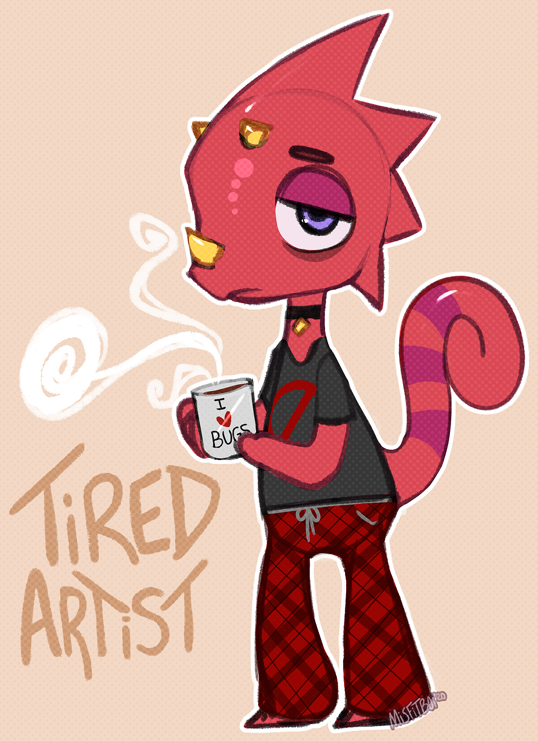 &lt;3 2020 animal_crossing anthro beverage chameleon choker clothed clothing coffee cup english_text flick_(animal_crossing) hi_res holding_mug holding_object horn jewelry lizard looking_at_viewer male misfitb0i necklace nintendo purple_eyes red_body reptile scalie simple_background solo standing tan_background text tired video_games watermark