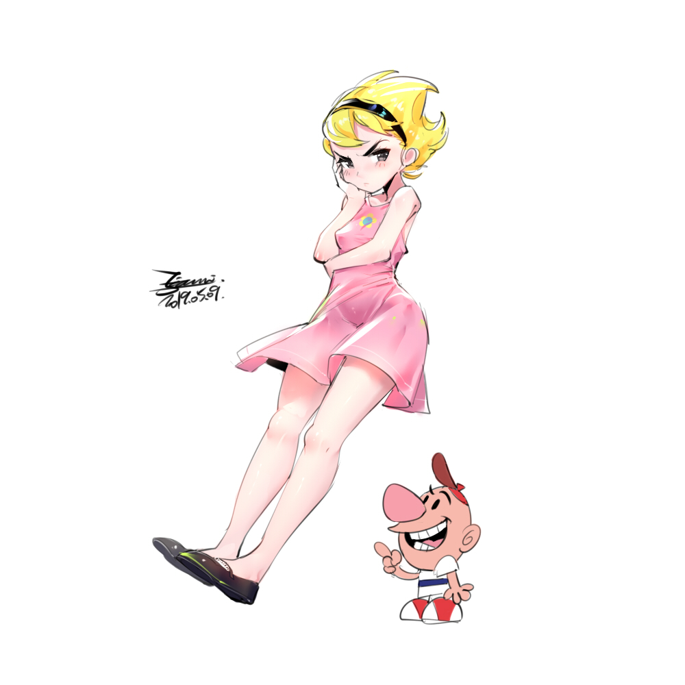 1boy 1girl billy_(grim_adventures) blonde_hair breasts dress ejami graphite_(medium) hairband looking_at_viewer mandy short_hair simple_background small_breasts the_grim_adventures_of_billy_&amp;_mandy traditional_media white_background