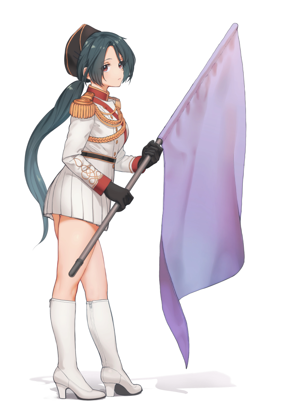 1girl aiguillette belt black_gloves black_headwear blue_hair boots brown_eyes buttons closed_mouth epaulettes flag from_side full_body garrison_cap genso gloves hat high_heel_boots high_heels highres holding holding_flag jacket knee_boots long_hair long_sleeves looking_at_viewer mandarin_collar miniskirt original pleated_skirt ponytail simple_background skirt solo standing uniform very_long_hair white_background white_footwear white_jacket white_skirt zipper