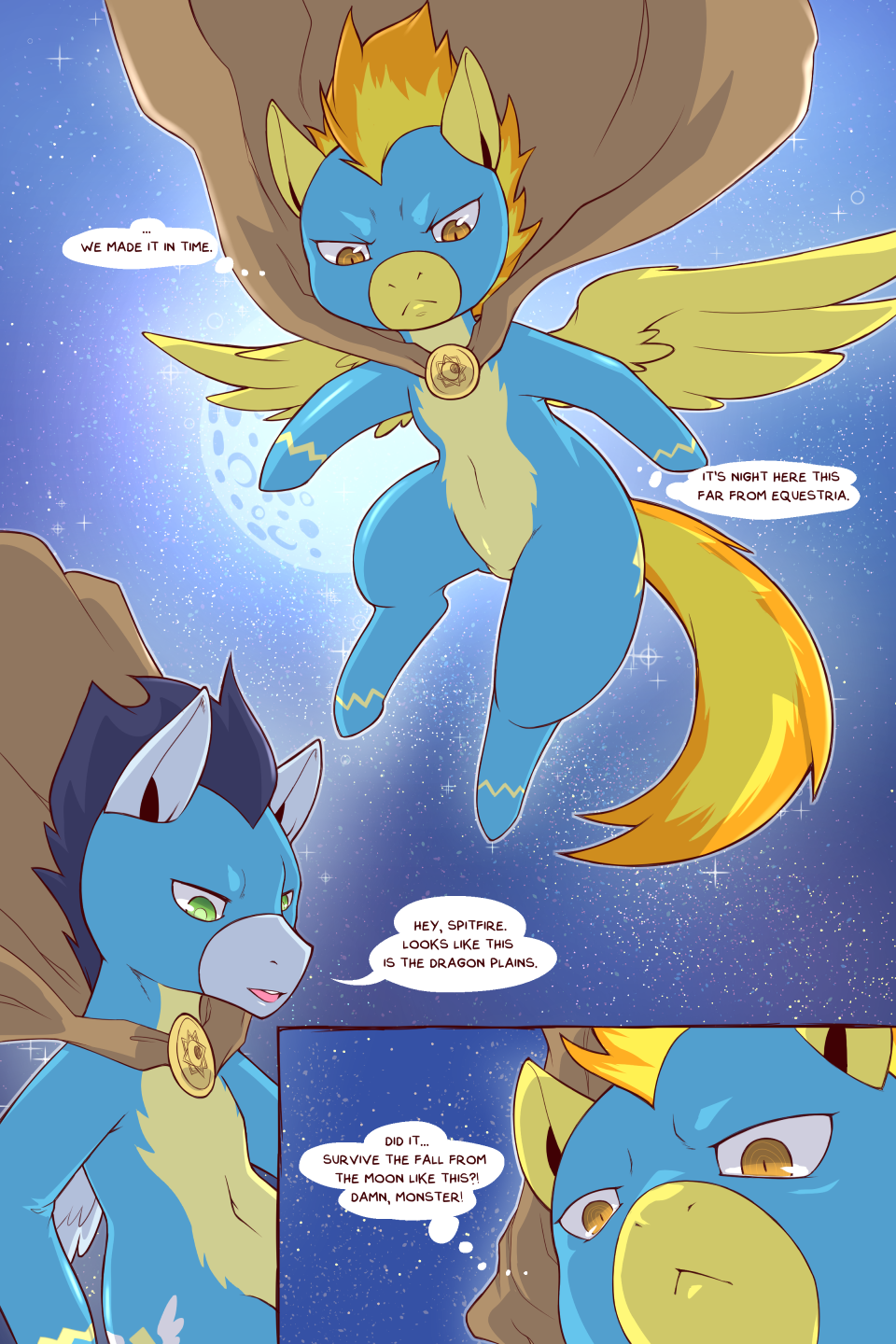 2:3 blue_body cold-blooded-twilight comic dialogue duo equid equine female feral friendship_is_magic hi_res male mammal moon my_little_pony night pterippus skin_suit soarin_(mlp) spitfire_(mlp) star wings wonderbolts_(mlp) yellow_body