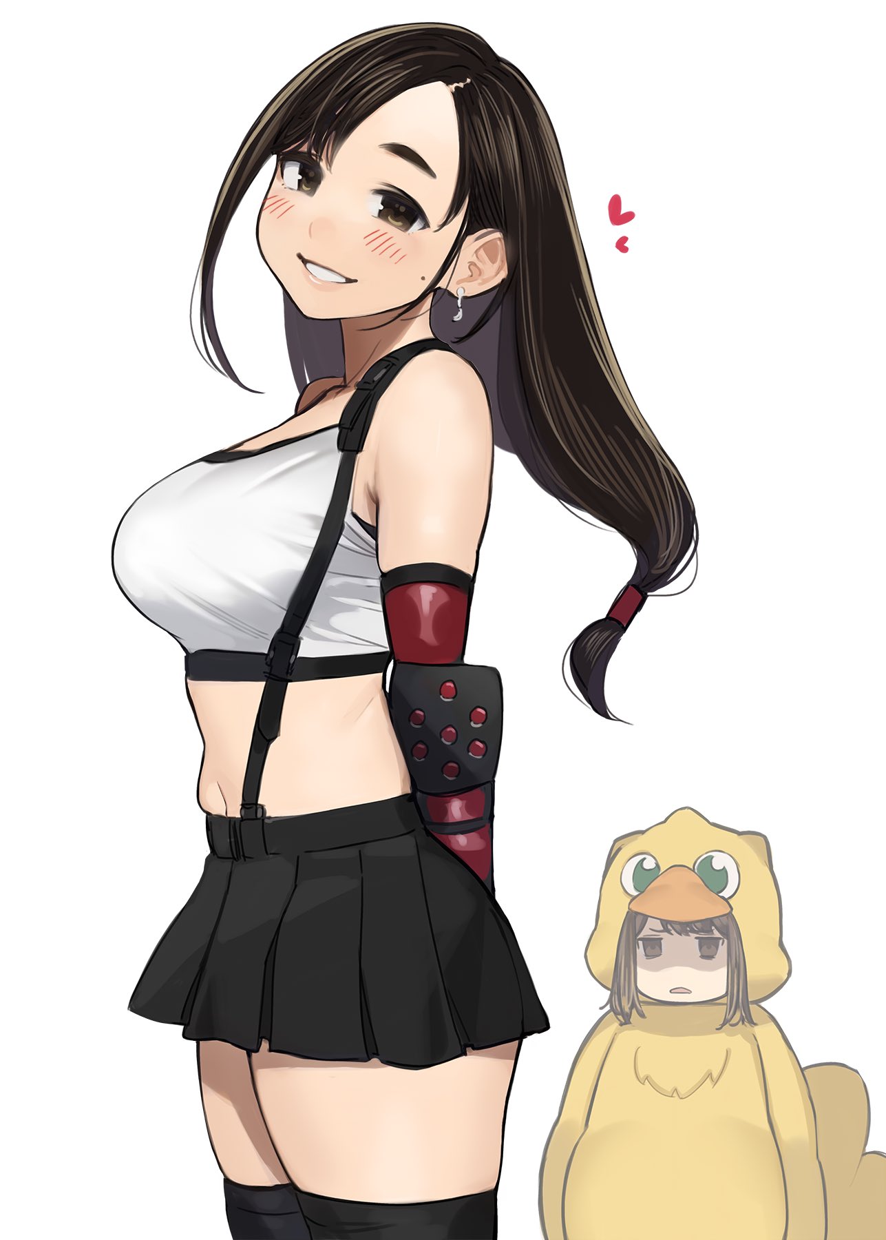 2girls :0 :d =d arms_behind_back bangs bird_costume black_legwear black_skirt blush breasts brown_eyes brown_hair chocobo cosplay crop_top earrings elbow_gloves final_fantasy final_fantasy_vii final_fantasy_vii_remake gloves green_eyes heart highres jewelry large_breasts long_hair looking_at_viewer mole multiple_girls office_lady's_rival_(yomu_(sgt_epper)) office_lady_(yomu_(sgt_epper)) open_mouth original pleated_skirt red_gloves shaded_face simple_background skirt sleeveless smile suspender_skirt suspenders teeth thick_eyebrows thighhighs tied_hair tifa_lockhart tifa_lockhart_(cosplay) white_background white_crop_top yomu_(sgt_epper)