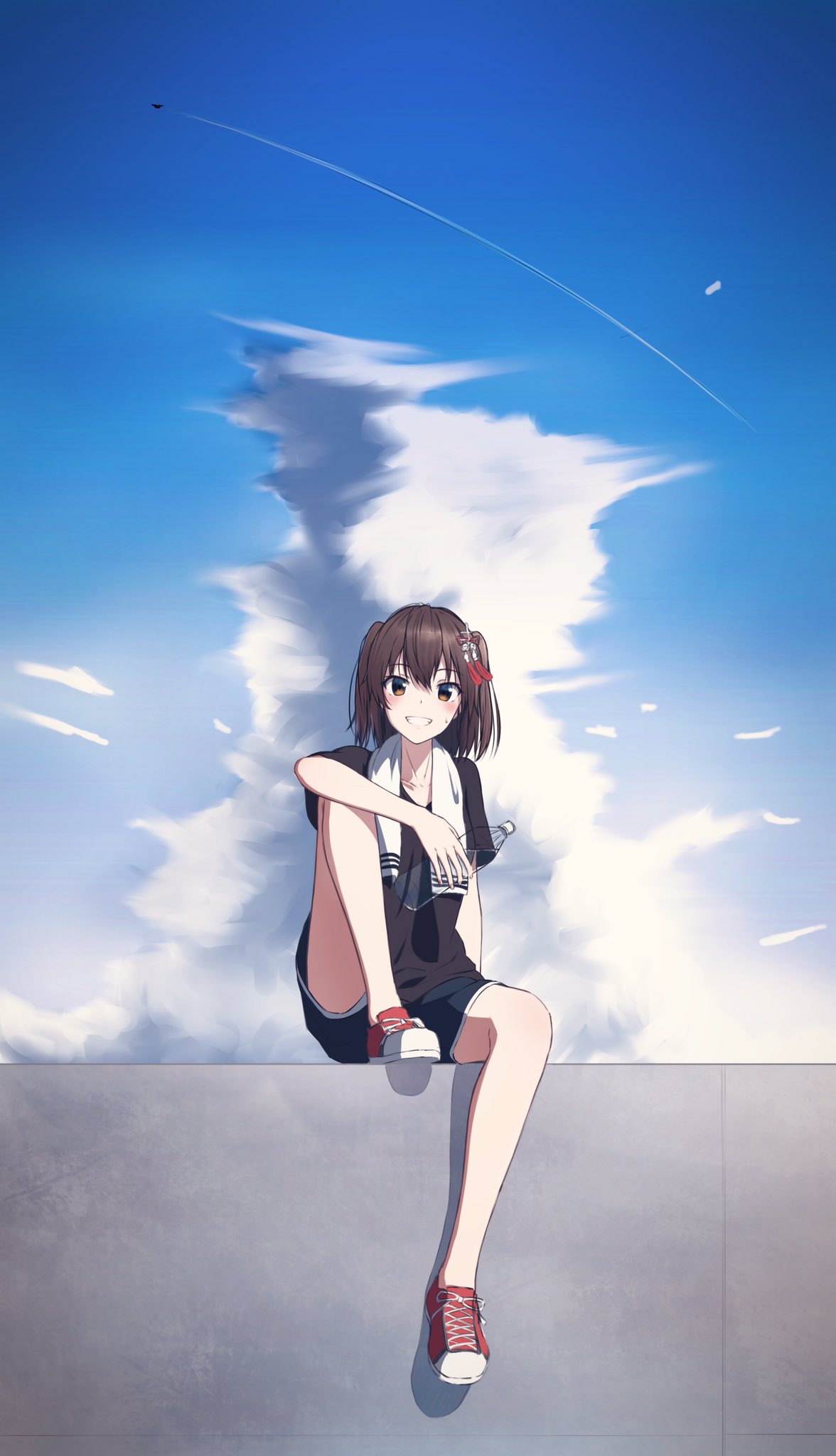 1girl alternate_costume bangs black_shirt blush bottle brown_hair cloud day eyebrows_visible_through_hair grin hair_ornament highres holding kantai_collection outdoors rankebu red_footwear sendai_(kantai_collection) shirt shoes short_sleeves shorts sitting sky smile sneakers solo towel towel_around_neck two_side_up water_bottle work_in_progress