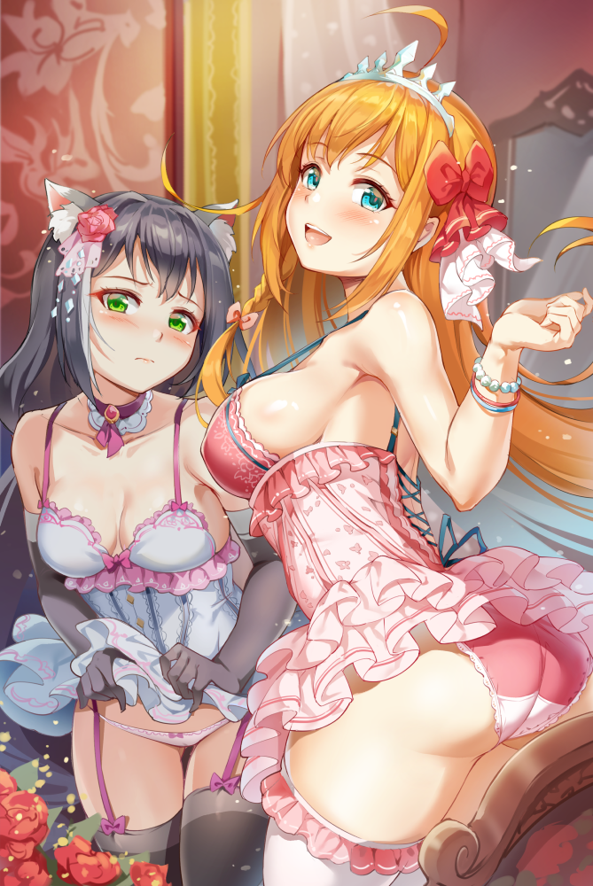2girls alternate_costume ass black_gloves black_hair black_legwear blue_eyes blush breasts choker collarbone commentary_request cowboy_shot elbow_gloves embarrassed flower food from_behind gloves green_eyes hair_flower hair_ornament hair_ribbon indoors kyaru_(princess_connect) large_breasts layered lifted_by_self long_hair low_twintails miazi mirror multiple_girls onigiri open_mouth orange_hair panties pecorine pink_panties princess_connect! princess_connect!_re:dive purple_choker red_flower red_rose ribbon rose shiny shiny_skin small_breasts thigh_gap thighhighs thighs tiara twintails underwear upper_teeth white_panties