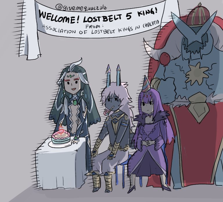 1girl 3boys arjuna_alter balloon banner black_eyes black_hair bodysuit cake chair crown dark_skin dark_skinned_male english_commentary eyeshadow fate/grand_order fate_(series) food forehead_jewel hat horns ivan_the_terrible_(fate/grand_order) makeup multicolored_hair multiple_boys party_hat party_horn pelvic_curtain qin_shi_huang_(fate/grand_order) scathach_(fate)_(all) scathach_skadi_(fate/grand_order) shirtless table two-tone_hair white_hair