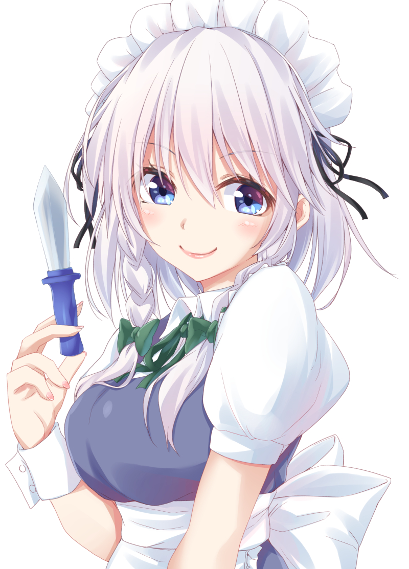 1girl apron bangs black_ribbon blue_dress blue_eyes blush bow braid breasts commentary_request dress eyebrows_visible_through_hair green_bow green_neckwear green_ribbon hair_between_eyes hair_bow hair_ribbon hand_up holding holding_knife holding_weapon izayoi_sakuya knife kue looking_at_viewer maid maid_apron maid_headdress medium_breasts neck_ribbon pink_lips puffy_short_sleeves puffy_sleeves ribbon shirt short_hair short_sleeves silver_hair simple_background smile solo touhou twin_braids upper_body waist_apron weapon white_apron white_background white_shirt wing_collar wrist_cuffs