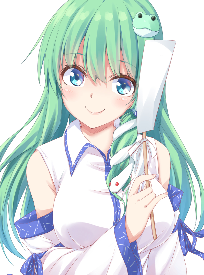 1girl bangs bare_shoulders blue_eyes blush commentary_request detached_sleeves eyebrows_visible_through_hair frog_hair_ornament green_hair hair_between_eyes hair_ornament hand_up head_tilt holding kochiya_sanae kue long_hair long_sleeves looking_at_viewer shirt simple_background single_sidelock smile snake_hair_ornament solo touhou upper_body white_background white_shirt wide_sleeves