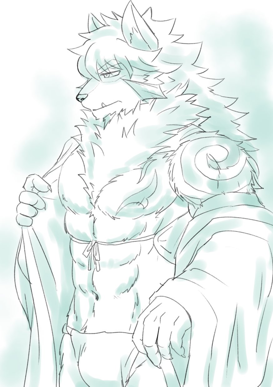 abs anthro asian_clothing canid canine canis claws clothed clothing east_asian_clothing fundoshi fur hair hi_res japanese_clothing male mammal monochrome navel partially_clothed robe solo srw225we temujin tokyo_afterschool_summoners underwear video_games wolf