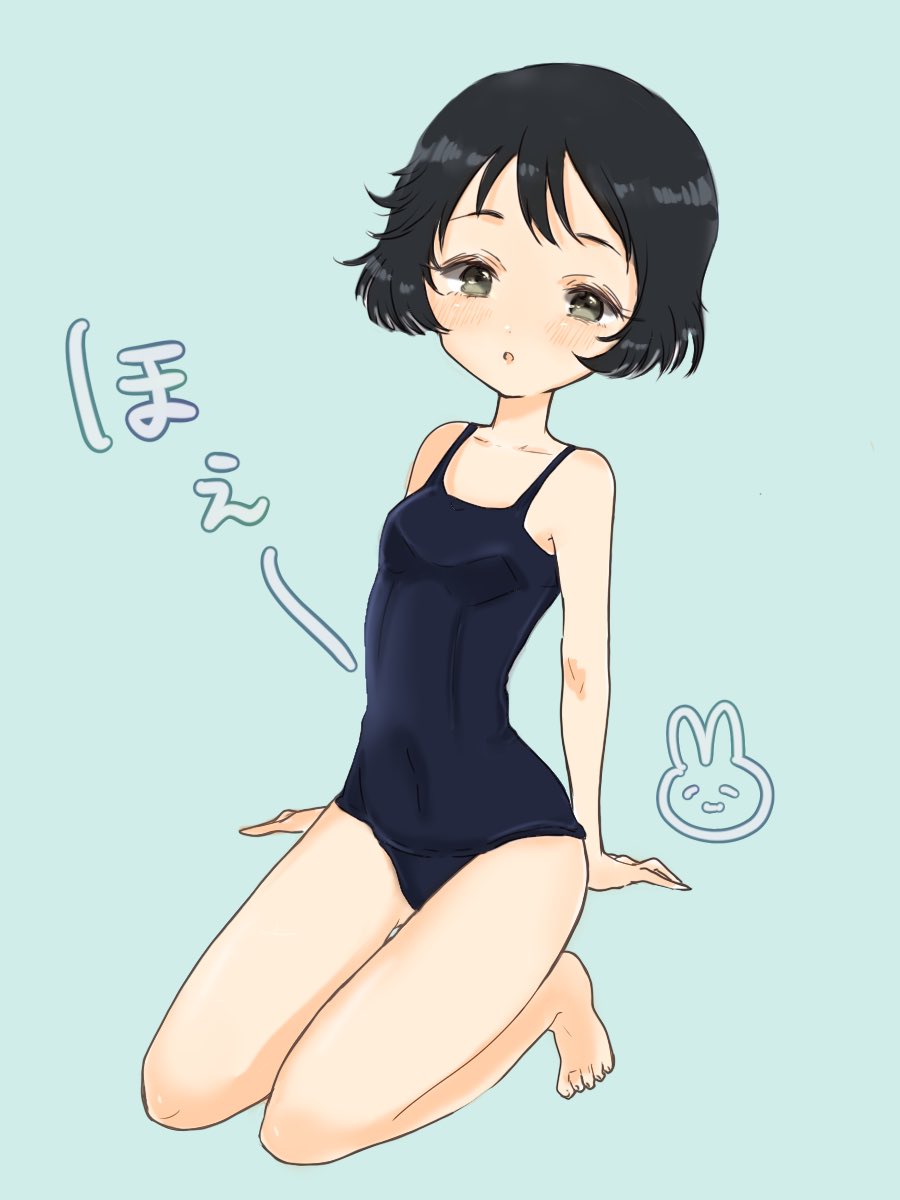 1girl arm_support bangs barefoot black_eyes black_hair black_swimsuit blush bunny commentary girls_und_panzer green_background highres kneeling looking_at_viewer momochi_(mmc_cmm) one-piece_swimsuit parted_lips school_swimsuit short_hair simple_background solo swimsuit utsugi_yuuki