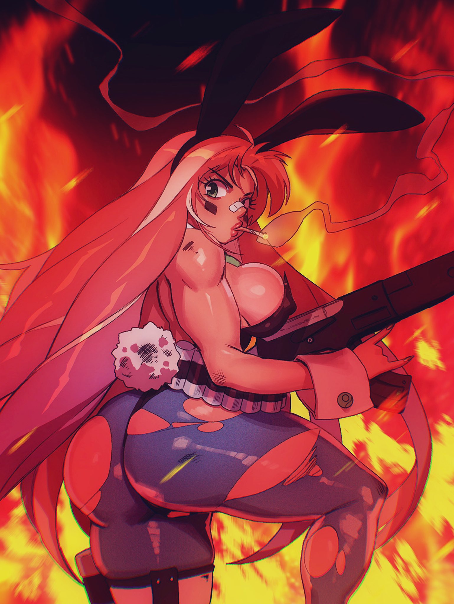 1girl \m/ animal_ears ass assault_rifle bandaid bandaid_on_nose bandolier black_leotard blue_legwear breasts bunny_ears bunny_girl bunnysuit cigarette commentary covered_nipples dark_skin english_commentary eyelashes facepaint fake_animal_ears fake_tail fire gun highres holding holding_gun holding_weapon holster large_breasts leotard lips long_hair looking_at_viewer nose original pink_hair rifle robert_porter sideboob smoking solo strapless tail thick_thighs thigh_holster thighs thong_leotard toned torn_clothes torn_legwear very_long_hair weapon wrist_cuffs