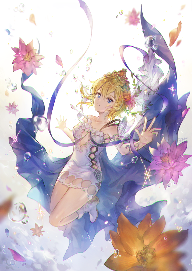 1girl artist_name bangs bare_shoulders blonde_hair blue_eyes boots breasts cape collarbone commentary_request dress europa_(granblue_fantasy) flower full_body granblue_fantasy hair_flower hair_ornament jewelry long_hair looking_at_viewer medium_breasts parted_lips petals shiny shiny_hair short_dress short_hair signature simple_background solo soriya sparkle strapless strapless_dress tiara water water_drop white_footwear