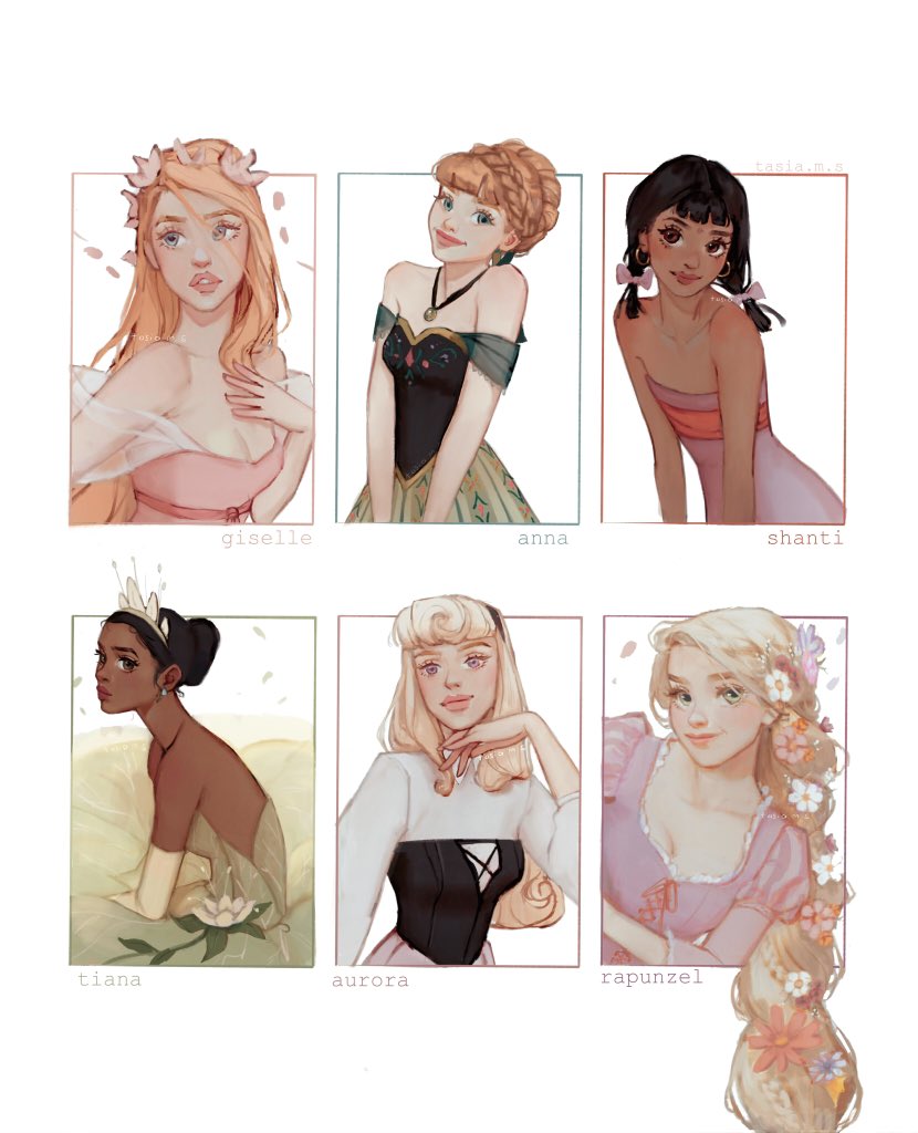 6+girls anna_(frozen) arm_at_side artist_name aurora_(disney) bangs bare_arms bare_shoulders black_hair black_hairband blonde_hair blue_border blue_eyes blue_flower blunt_bangs blush border braid breasts brown_eyes character_name cleavage commentary company_connection crown_braid curly_hair dark_skin disney dress earrings elbow_gloves enchanted english_commentary eyelashes flat_chest flower frozen_(disney) giselle_(disney) gloves green_dress green_eyes grey_border grey_dress grin hair_bun hair_flower hair_ornament hair_ribbon hairband hand_on_own_chin hand_up happy head_tilt hoop_earrings jewelry juliet_sleeves jungle_book leaning leaning_forward light_brown_hair lips long_dress long_hair long_sleeves looking_at_viewer looking_to_the_side lotus medium_breasts multiple_girls necklace orange_hair outside_border parted_lips petals pink_border pink_dress pink_flower pink_ribbon puffy_long_sleeves puffy_sleeves purple_border rapunzel_(disney) red_border red_flower ribbon shanti single_braid six_fanarts_challenge sleeping_beauty small_breasts smile straight_hair strapless strapless_dress tangled tasiams the_princess_and_the_frog thick_eyebrows thick_lips tiana_(the_princess_and_the_frog) tiara twintails upper_body v_arms very_dark_skin very_long_hair white_flower