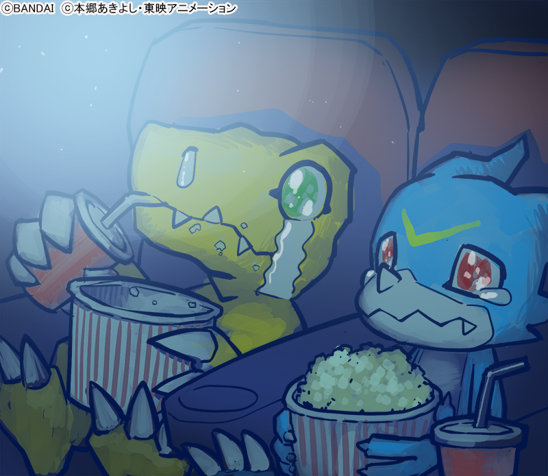 agumon beverage blue_body bodily_fluids claws crying digimon digimon_(species) drinking eating fangs food green_eyes holding_object markings movie_theater official_art popcorn red_eyes reptile sad scalie sitting straw tears teeth toe_claws veemon yellow_body yellow_markings