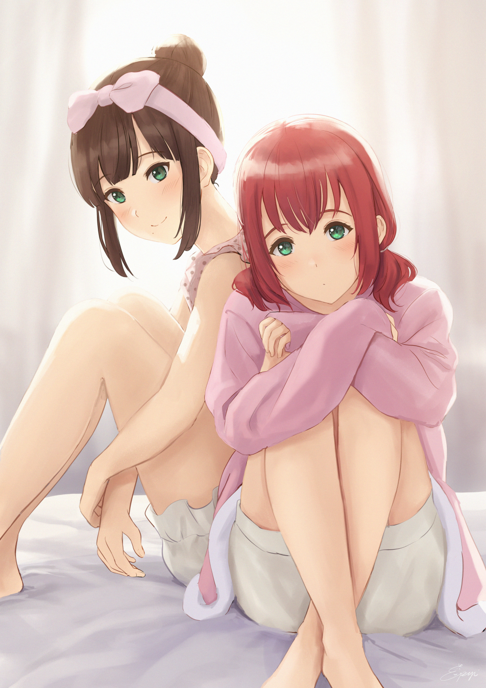 2girls bangs bare_legs bare_shoulders barefoot bed_sheet bloomers blunt_bangs blush closed_mouth commentary_request dress eyebrows_visible_through_hair green_eyes hair_bun head_tilt highres knees_up kurosawa_dia kurosawa_ruby long_sleeves looking_at_viewer love_live! love_live!_sunshine!! low_twintails multiple_girls on_bed own_hands_together papi_(papiron100) pink_dress polka_dot red_hair short_hair siblings sidelocks sisters sitting sleeves_past_wrists smile twintails underwear