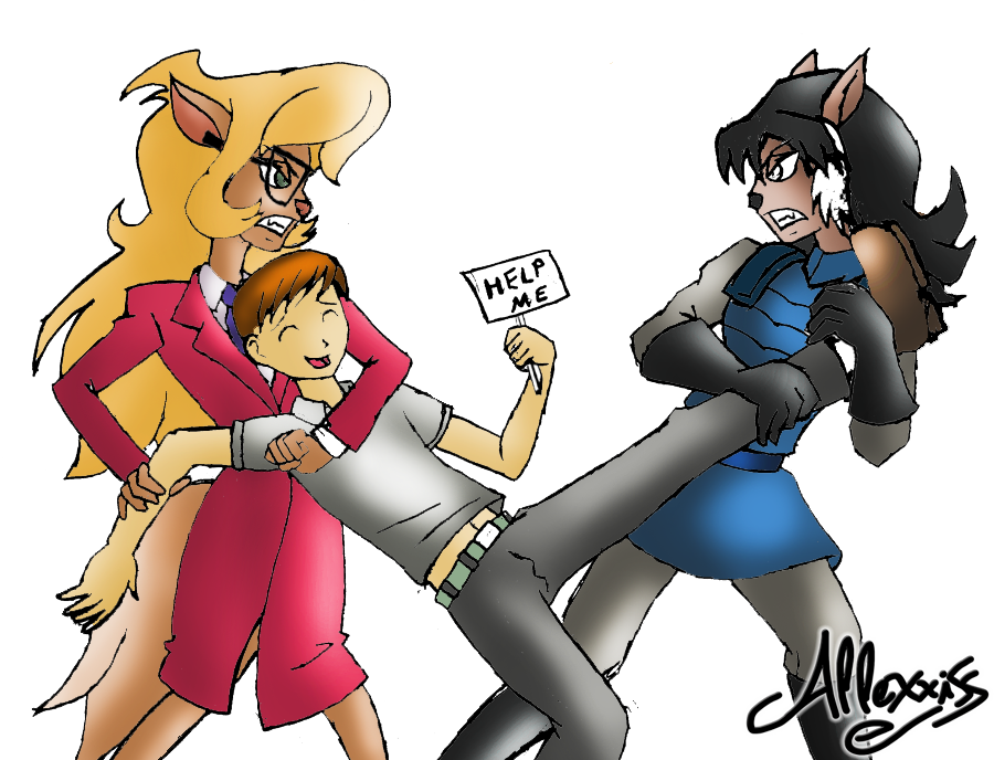 allexxiss alpha_channel angry anthro blonde_hair bottomwear callie_briggs clothed clothing felid felina_feral feline female fighting_over_boy hair hanna-barbera help_sign holding_arm holding_leg holding_object holding_sign human interspecies male male/female mammal pants skirt suit swat_kats