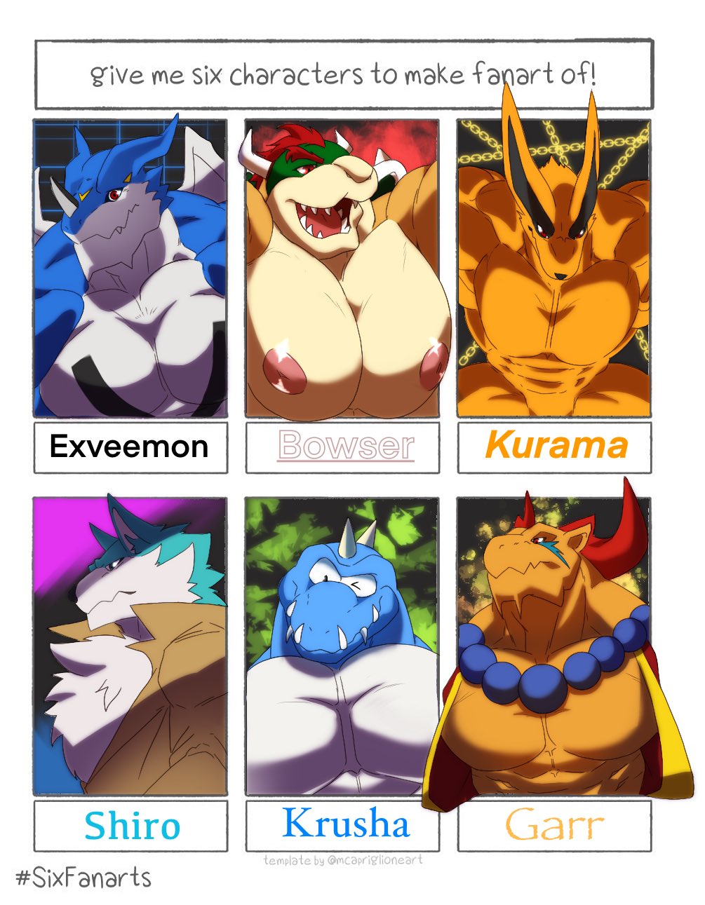 anthro bastroceive big_muscles big_pecs blue_body blue_fur bowser brown_clothing brown_topwear canid canine canis clothed clothing coat digimon digimon_(species) donkey_kong_(series) dragon exveemon fox fur garr_(breath_of_fire) group hair hi_res horn jewelry koopa kremling krusha kurama looking_at_viewer male mammal mario_bros muscular naruto necklace nintendo nipples nude one_eye_closed open_mouth pecs pink_nipples red_clothing red_eyes red_hair red_topwear scalie sharp_teeth shell shirou_ogami six_fanarts_challenge spiked_shell spikes teeth topwear video_games white_body white_fur wink wolf