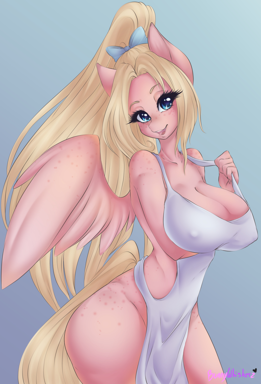 anthro apron apron_only big_breasts blonde_hair breasts bunnywhiskerz cleavage clothed clothing equid equine female hair hi_res mammal mostly_nude my_little_pony nipple_outline pink_body pterippus solo wide_hips wings