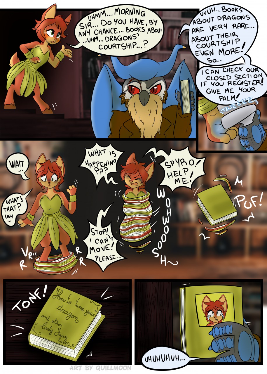 2020 activision anthro anthro_to_inanimate avian beak bird blush bodily_fluids book bookshelf comic crying dialogue duo elora english_text faun female forced forced_transformation furniture hi_res inanimate_transformation male photo_background quillmoon spyro_the_dragon surprise tears text transformation video_games